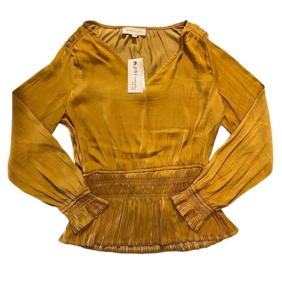 Philosophy Orange Puff Sleeve Smocked Waist Pleated Blouse NWT | Size Small - Picture 5 of 5